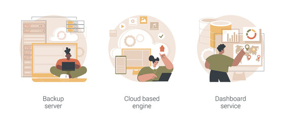 Wall Mural - Information management abstract concept vector illustration set. Backup server, cloud based engine, dashboard service, virtual machine application, key performance metrics abstract metaphor.