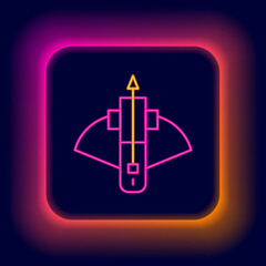 Canvas Print - Glowing neon line Battle crossbow with arrow icon isolated on black background. Colorful outline concept. Vector