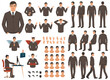 Vector businessman character casual poses set in flat style. Full length, gestures, emotions, front, side, back view.