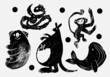 Set of abstract wild animals. Jungle, Forest bird. Dragon, kangaroo, monkey, koala, whale. Set of contemporary asian art print templates. Ink animals vector illustration.