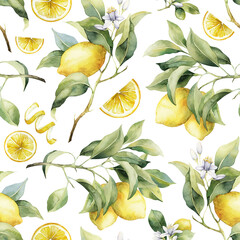 Watercolor seamless pattern with branches ripe lemons. Hand painted citrus ornament for design, fabric or print.