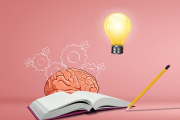 Poster - Art collage with a brain, stack of books, gears and a light bulb. Library, education concept