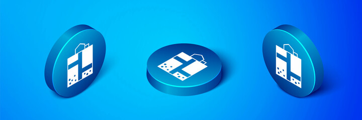 Isometric Mine entrance icon isolated on blue background. Blue circle button. Vector