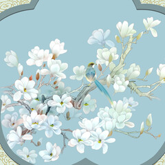 Watercolor Paisley bird plum flower