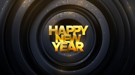 Poster - Happy New Year golden sign on geometric square shaped frames background with shimmering glitter pattern.