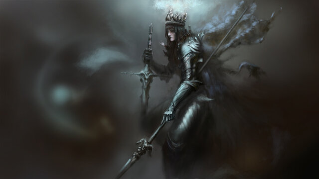 Long black hair warrior princess holding sword and spear with crown on her head, digital art style, illustration painting