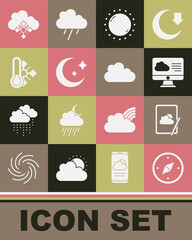 Sticker - Set Compass, Weather forecast, Sun, Moon and stars, Meteorology thermometer, Cloud with snow and icon. Vector