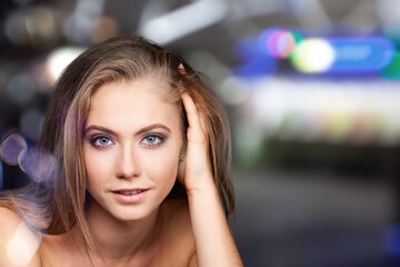 Wall Mural - Beautiful woman looking at camera smile with clean and fresh skin