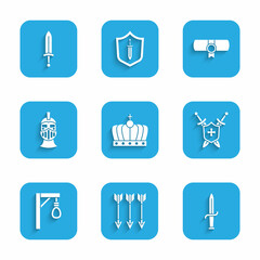 Poster - Set King crown, Crossed arrows, Dagger, Medieval shield with swords, Gallows, iron helmet, Decree, parchment, scroll and icon. Vector