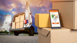 © Grispb - Rental Storage Units. Warehouse app with RENT button. Transportation of belongings to Storage Units. Open van near cardboard boxes. Mobile apps storage container. Warehouse company apps. Soft focus