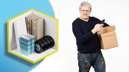 Wall Mural - Rental storage room concept. Man near container for storing personal belongings. Storage room with demonstration of support. Warehouse rental for personal needs. Gray-haired man on light background