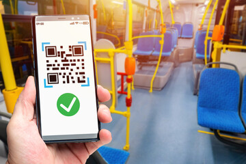 Poster - phone with qr code. using qr technologies. public transport payment concept using qr code. tag for p
