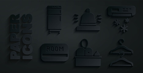 Wall Mural - Set Hotel reception desk, Air conditioner, key card, Hanger wardrobe, service bell and Refrigerator icon. Vector