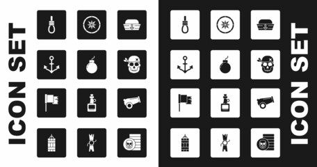 Sticker - Set Sailor hat, Bomb ready to explode, Anchor, Gallows rope loop hanging, Skull, Compass, Cannon and Pirate flag icon. Vector