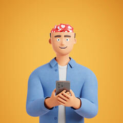 Smiling cartoon character man in blue shirt with head full on social network heart like icons use smartphone.