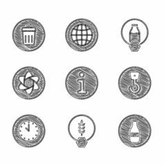 Wall Mural - Set Information, Gluten free grain, Bottle, Industrial hook, Clock, Test tube and flask, Lactose and Trash can icon. Vector