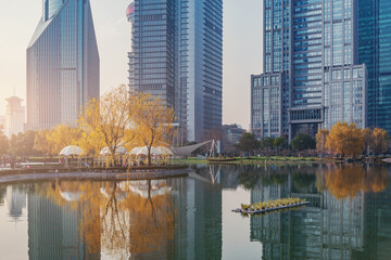 Wall Mural - Small lake in the city park at evening time. Shanghai.