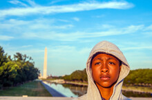 Young African American Tween In Front Of Washington Memorial