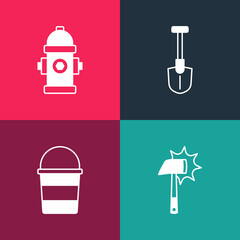 Sticker - Set pop art Firefighter axe, bucket, shovel and hydrant icon. Vector