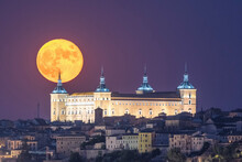Full Moon Over Historical Castle, Alcazar Of Toledo Old Town.