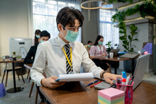Asian Employees Work Wear Protective Face Mask Due Covid Working