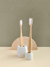 Bamboo Toothbrushes In Concrete Stands, Geometric Shape Props