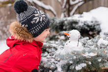 Boy Looking At A Small Snowman On A Shrub Outdoors On A Snowy Day.
