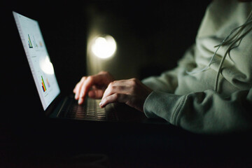Anonymous woman working on laptop at night