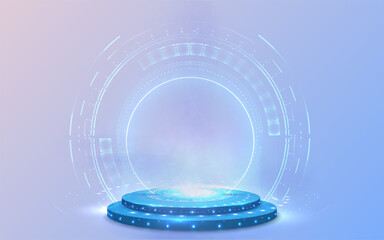 Leinwandbilder - Portal and hologram futuristic Neon color circle elements. Standard podium or studio futuristic pedestal round platform showroom. Circle stage and blue neon light. Science fiction 3D illustration.