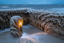 Strange Ice Formations On Pier In Lake Erie Winter Storm