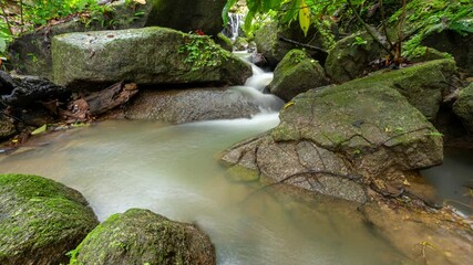 Wall Mural - Motion control slider Timelapse long exposure of Small Waterfall in beautiful rainforest at Phuket Thailand Beautiful nature landscape Abundant forest trees