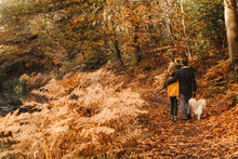 Rear View Of Father Hugging Son And Dog Walking On Towpath In Fall