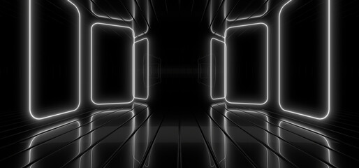 Fototapete - A dark tunnel lit by white neon lights. Reflections on the floor and walls. 3d rendering image.