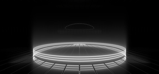 Fototapete - A dark tunnel lit by white neon lights. Reflections on the floor and walls. 3d rendering image.