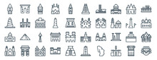 Set Of 40 Flat Monuments Web Icons In Line Style Such As Ejer Baunehoj, Great Mosque Of Samarra, United States Capitol, Chartres Cathedral, National Mall, Roman Theatre Of Merida, The Icons For