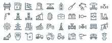 Set Of 40 Flat Industry Web Icons In Line Style Such As Fuel Station, Welding, Maintenance, Excavator, Oil Barrel, Oil Valve, Controller Icons For Report, Presentation, Diagram, Web Design