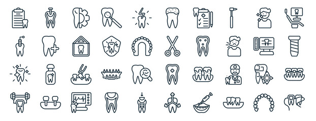 Poster - set of 40 flat dentist web icons in line style such as tooth with metallic root, tampon, white teeth