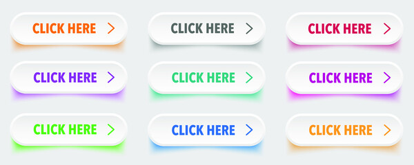 Leinwandbilder - Click here button with arrow pointer clicking icon. Click here vector web button. Web button with action of arrow pointer. Click here, UI button concept. Vector illustration
