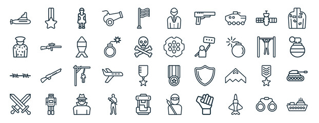 Poster - set of 40 flat army web icons in line style such as condecoration, conscription, barbed, combat, pul