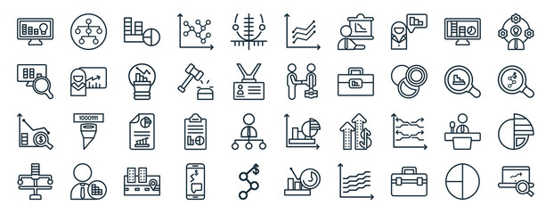 set of 40 flat analytics web icons in line style such as hierarchy, database analysing, dollar analysis bars, variety, analysis, business skills, speech icons for report, presentation, diagram, web