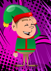 Wall Mural - Christmas Elf placing hand on head. Vector cartoon character illustration of Santa Claus's little worker, helper.