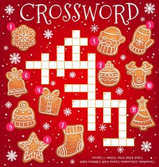 Wall Mural - Christmas gingerbread cookie vector crossword worksheet or find a word quiz game. Crossword grid puzzle of Xmas gingerbread in shape of Christmas tree, snowflake, Santa and gift box, stocking, bell