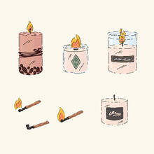 A Set Of Cute Aroma Candles. Illustrations Of Aromatic Wax Candles In Jars, Matches, Fire. Collection Of Illustrations For Spa Poster Design. Vector Illustration