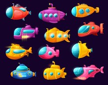 Cartoon Underwater Submarine With Periscope, Vector Deep Ocean Or Sea Subs. Cute Underwater Boats, Ships, Bathyscaphes And Submersibles, Isolated Marine Watercrafts With Portholes, Propellers