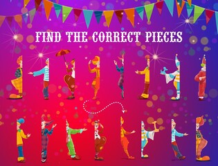 Leinwandbilder - Kids riddle game, find correct circus clown half, vector find match suitable piece puzzle. Kids tabletop board game to match half of funfair carnival clowns or shapito circus jesters and jokers