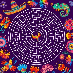 Poster - Round labyrinth maze worksheet. Vector mexican sombrero, flowers, birds and chameleon. Kids education pathfinding game, puzzle or quiz, bright Mexico ornament riddle with find way task