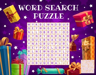Aufkleber - Birthday and Christmas holiday gifts and presents, vector word search puzzle game worksheet. Kids quiz grid to search and find word with color of Xmas gifts and boxes in presents in wrappers