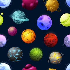 Poster - Galaxy space stars and alien planets vector seamless pattern background. Cartoon futuristic planets and cosmic asteroids with holes and craters of lava and rings of galactic rocks, fantasy outer space