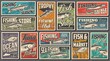 Ocean fishing club, seafood shop and market retro posters. Mackerel, sardine and tuna, codfish, hake and eel, gilt-head bream, fishhook and rod vector. Trophy fishing equipment store vintage banners