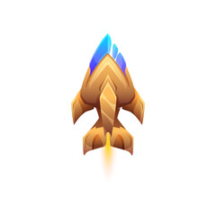 Poster - Startup of cartoon rocket starship isolated flaming fire shuttle. Vector starcraft with porthole, boost of fast space ship, adventure travel in cosmos. Futuristic vehicle, fantasy sci fi ufo craft